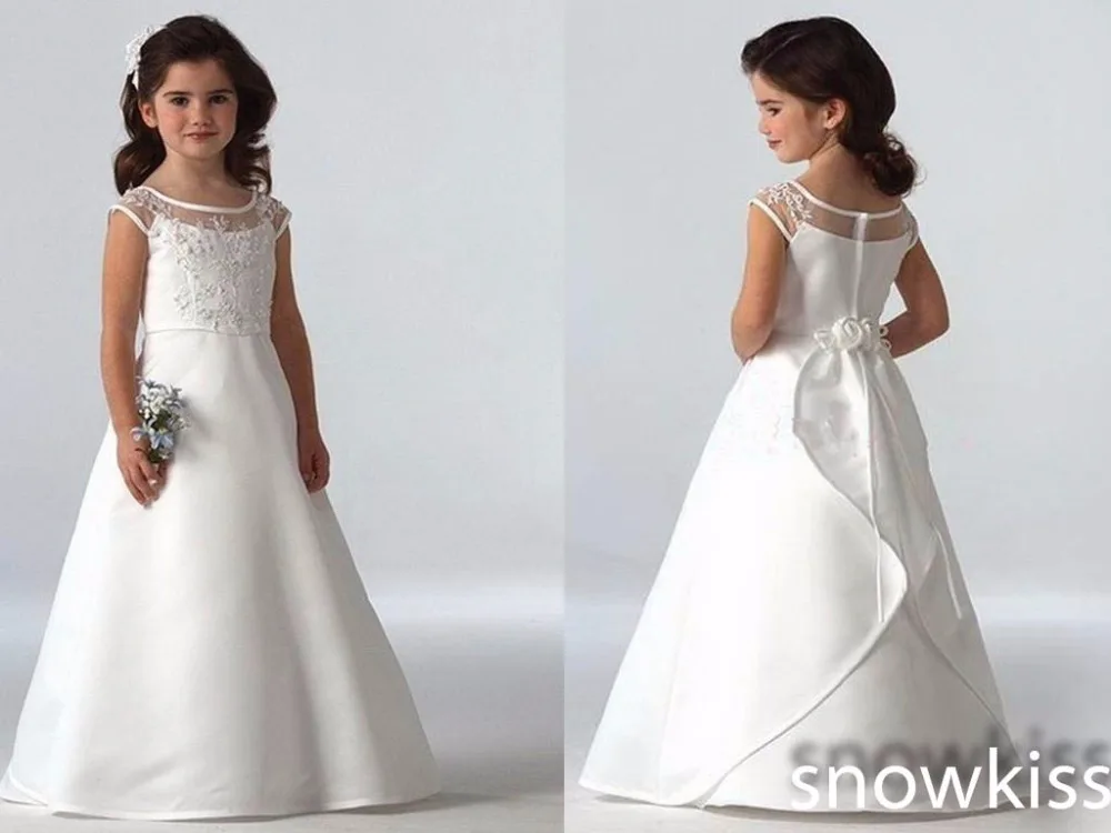New coming 2016 sheer scoop neckline cap sleeve lace appliques satin flower girl dresses long elegant white/ivory A-line gowns
