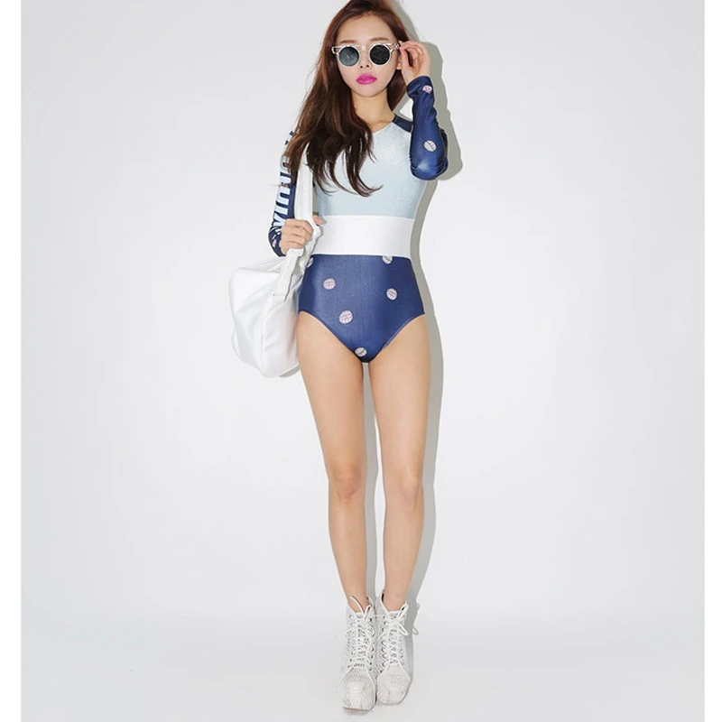 モノキニ韓国ワンピース女性水着パッチワークロングスリーブ水着シャム女性フィットネスダイビングサーフィンスーツ速乾性 One Piece Suit Drying Aliexpress