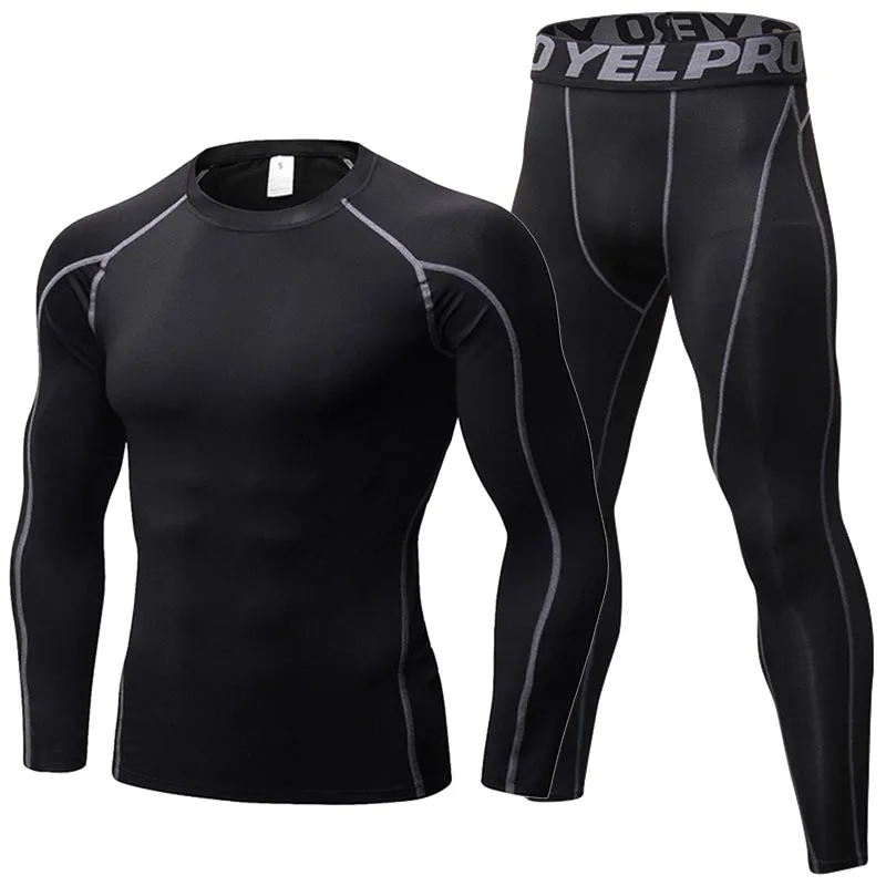 Компрессионный набор для бега, мужской спортивный костюм, колготки для фитнеса, Рашгард, футболка, быстросохнущие леггинсы, штаны с длинным рукавом, спортивный костюм для спортзала - Цвет: Black Grey Line