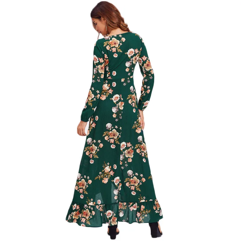 Maylina ретро Boho Цветочные оборками Макси платье с глубоким v образным вырезом