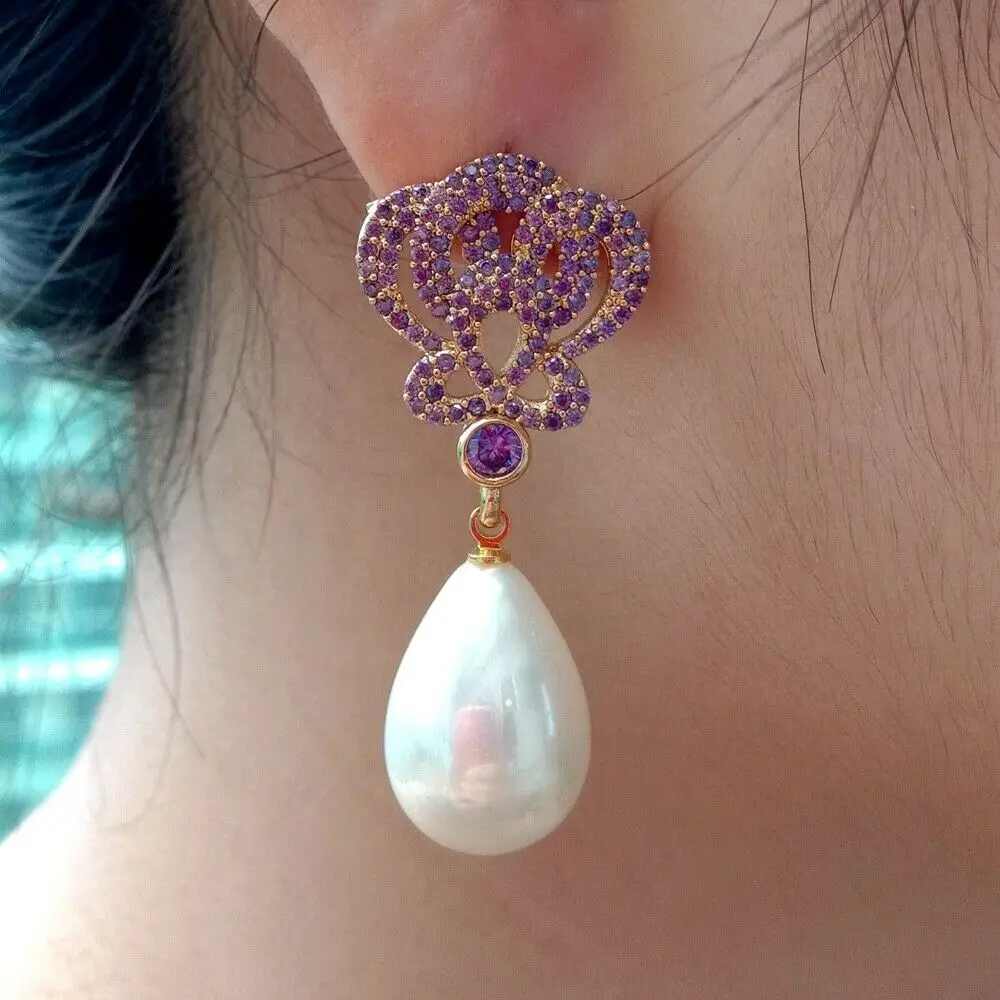 

White Teardrop Sea Shell Pearl Golden Plated Purple Cz Drop Earrings