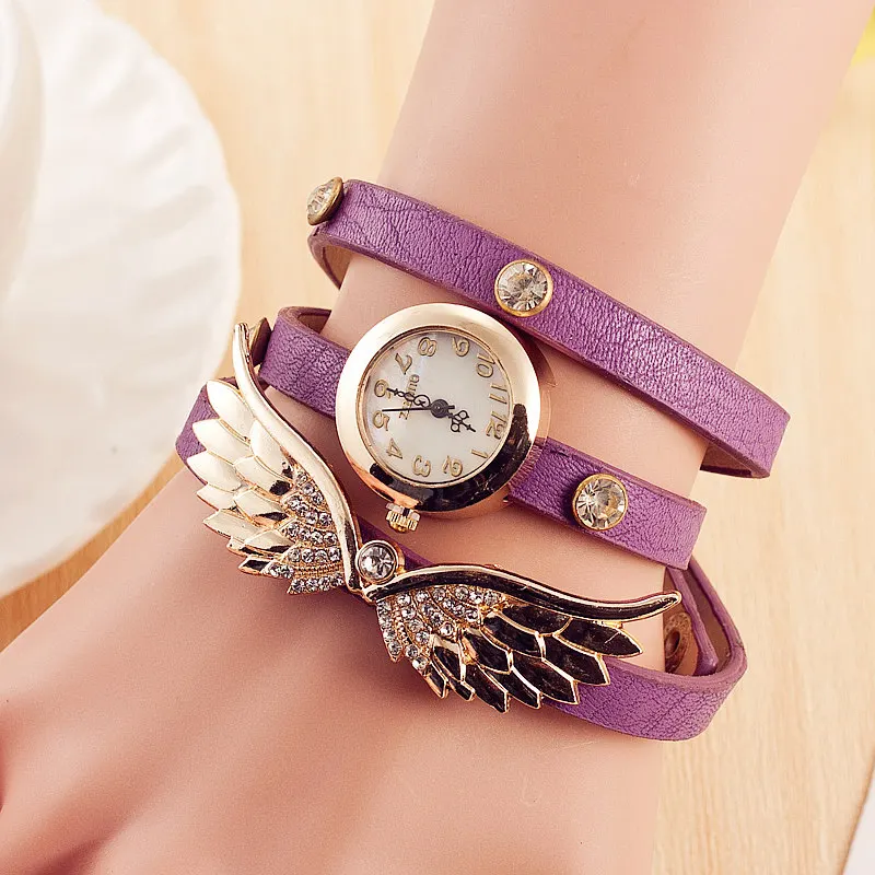 Лидер продаж Винтаж кожа часы набор шнека ангельские крылья заклепки часы браслет женское платье кварцевые часы Relogio Feminino