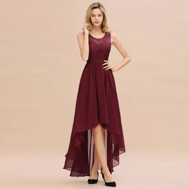 Элегантный Для женщин, для девушек, без рукавов, длинное коктейльные платья с круглым декольте вырезом кружевное асимметричное, коктейльное Платья для вечеринок - Цвет: Burgundy
