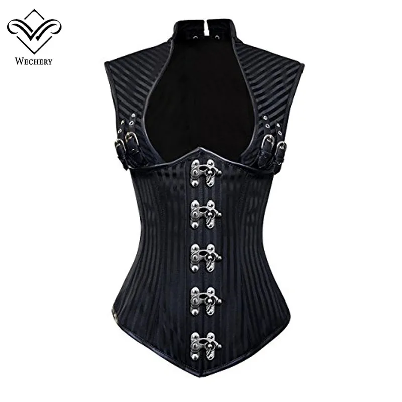 WECHERY Womens Steel Boned Vintage Corset Steampunk Gothic Bustier Waist Cincher Vest