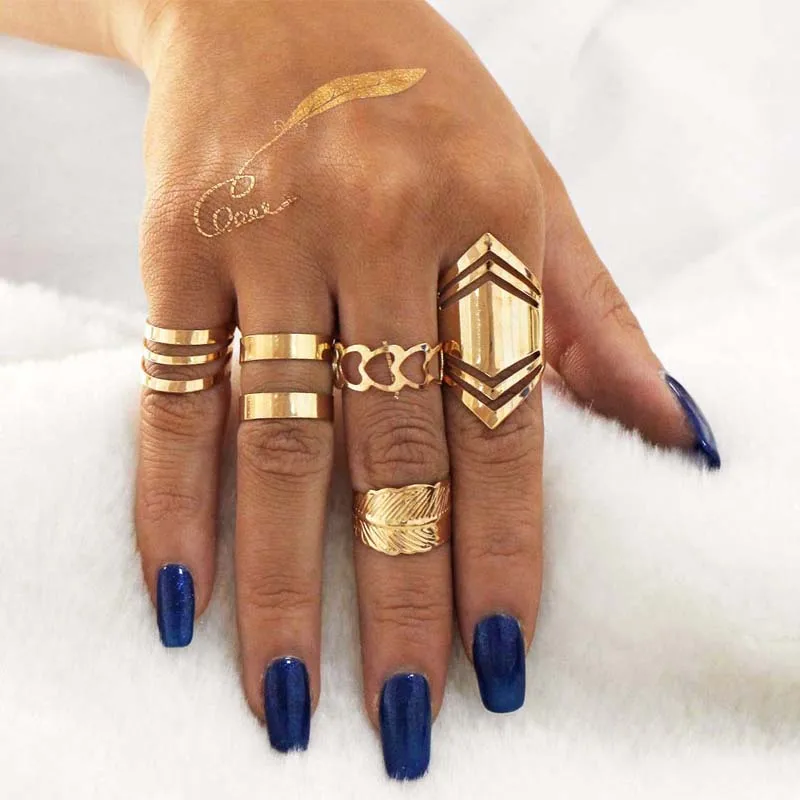 

Hesiod 5pcs/Sets Gold Color Alloy Finger Midi Ring Sets Boho Metal Feather Knuckle Ring Set Punk Jewelry Beach Travel Jewellery