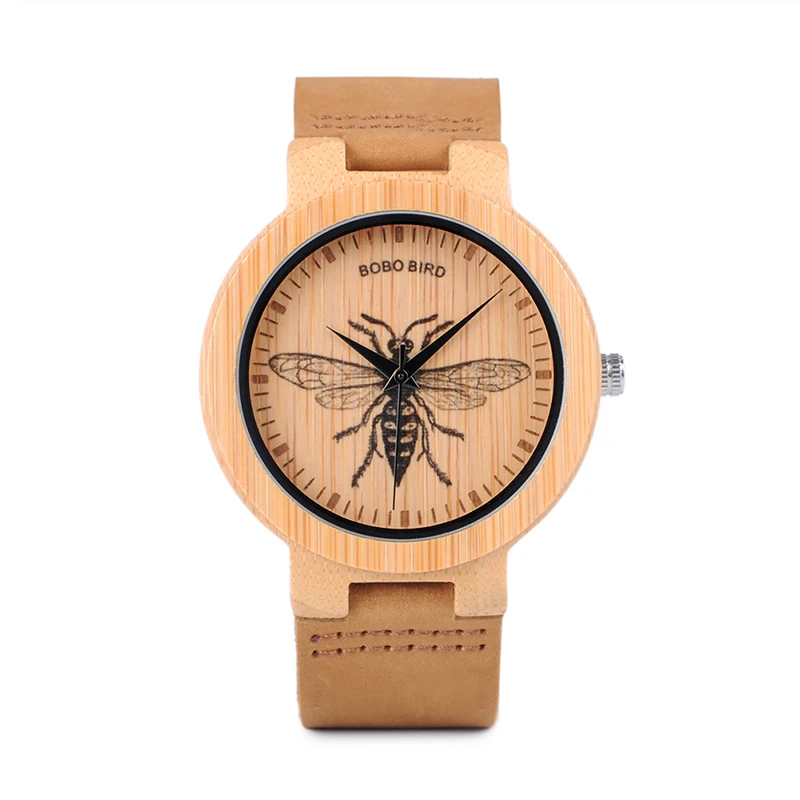 BOBO BIRD Simple Bamboo Watches 3D Print Icon Men Quartz Wristwatch with Leather Strap