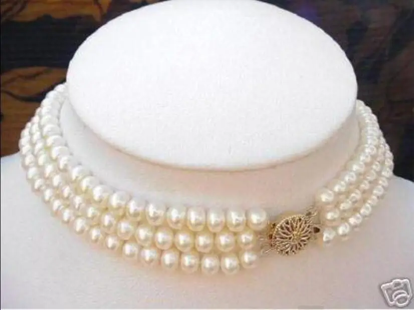 Free shipping@@@@@ Free shipping 3 ROWS 7-8MM White Akoya Cultured Pearl Choker Necklace a