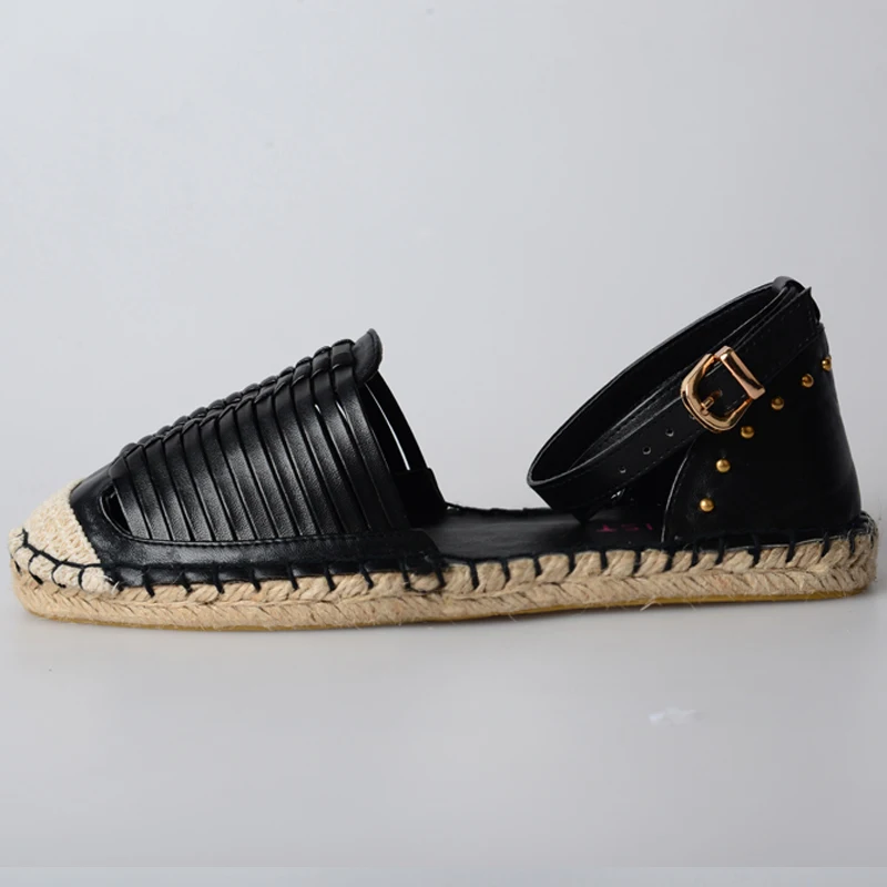 Fashion Woven Espadrille flat canvas Rivet Black straw weave fisherman espadrilles women sandal Leather shoes plus size35-40