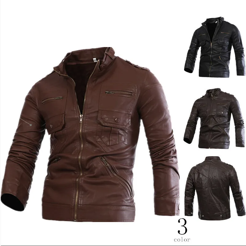 Новинка года, куртка на молнии, осенне-зимняя модная мужская мотоциклетная куртка, кожаные куртки, китайские кожаные куртки для мужчин - Цвет: Light Brown