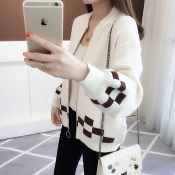 

new spring 2019 han edition dress color matching short plus women knitting cardigan loose lantern sleeve sweater coat