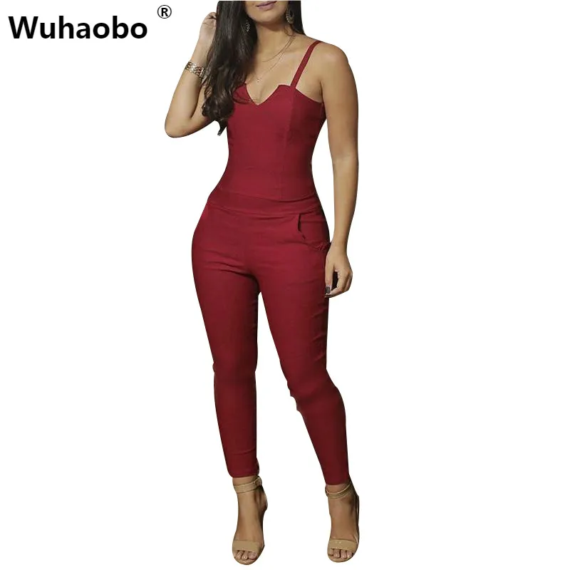 Wuhaobo 2019 женские элегантные модные стильный Ромпер женские на молнии зауженный Спагетти ремень v-образный вырез Slinky повседневные