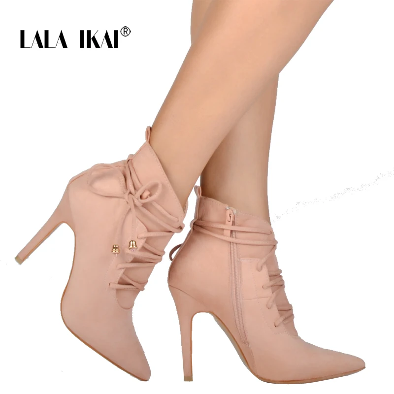 LALA IKAI кружево сексуальные зимние ботильоны на шнуроыке,женские высокие каблуки, Короткие Плюшевые Модные остроносые сапоги 014c0883-3