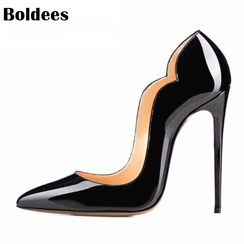 Black Stiletto High Heel Pumps Patent Leather High Heels Slip-on Pumps Women Sexy Pointy Thin Heel Party Wedding Shoes