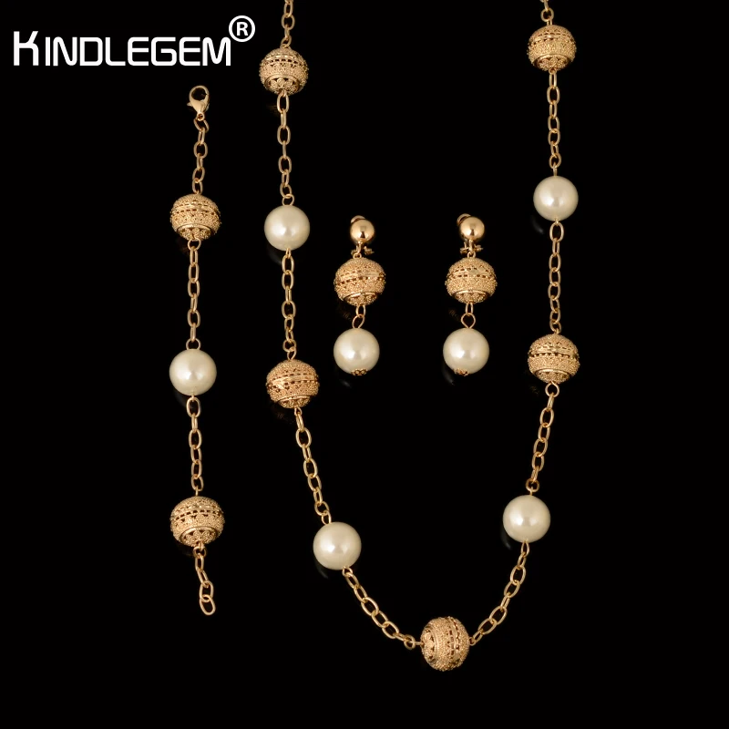 

Kindlegem 2018 New Fashion Long Maxi Necklace Earrings Bracelet Elegant Pearl Jewelry Sets Noble Golden Charms Beads For Women