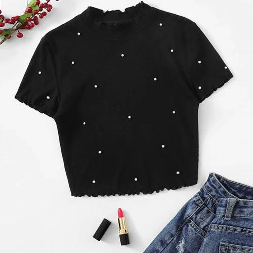 SHEIN модная женская футболка с воротником-стойкой, украшенная жемчугом и бусинами, элегантные летние женские Топы с коротким рукавом - Цвет: Black