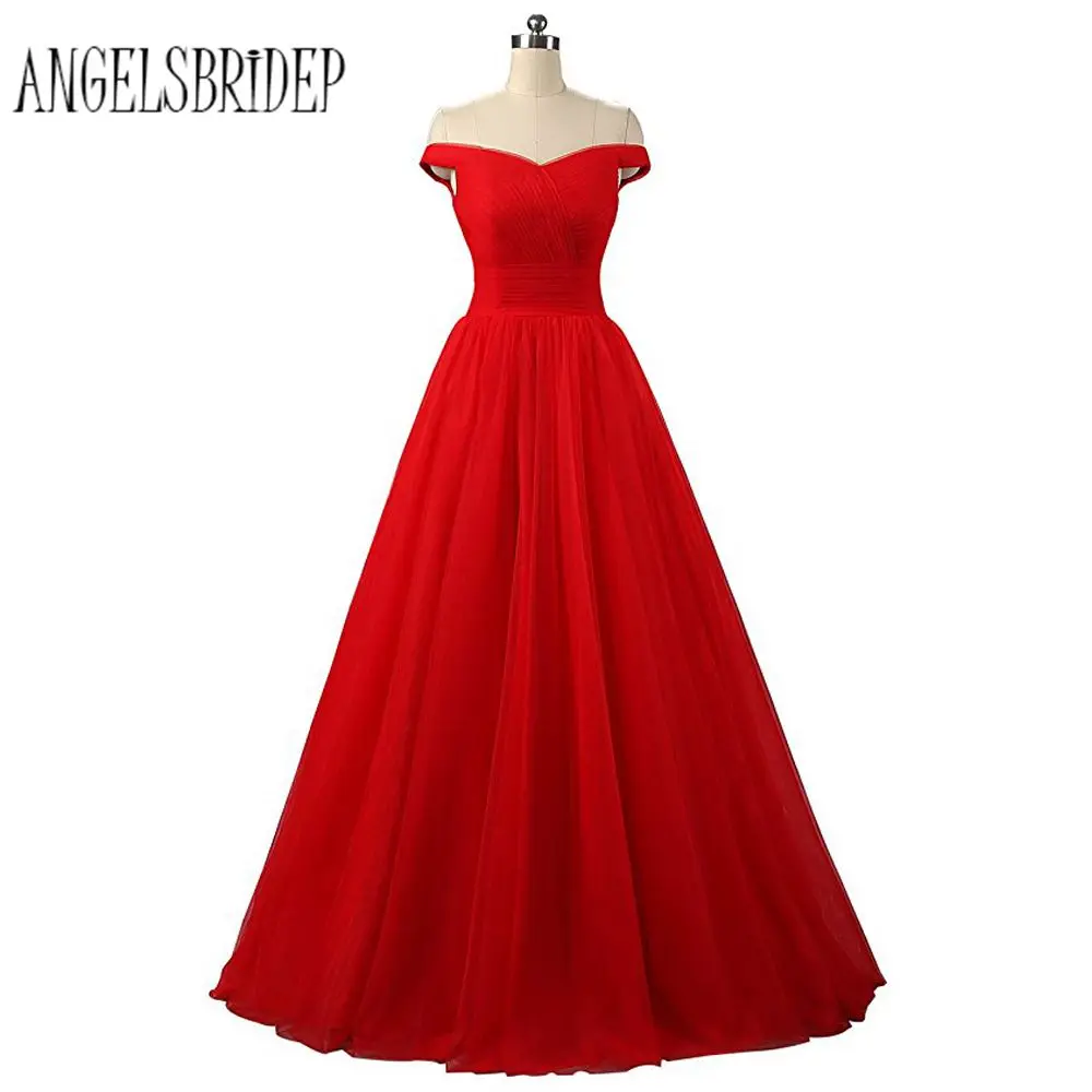 

ANGELSBRIDEP Red Purple Prom Dresses 2018 Floor Length Tulle V Neck Women Formal Evening Gowns Fast Shipping Long Party Dresses