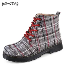 YOMISOY Xadrez Botas de Lona para As Mulheres Designer de Ankle Boots Dedo Do Pé Redondo Sapatos Plataforma Mulher Botas Mujer Lace Up Bota Feminina