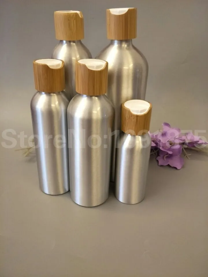 

20pcs/lot 30ml 50ml 100ml 120ml 150ml 250ml 500ml aluminum bottle with bamboo disc top cap for cosmetic package