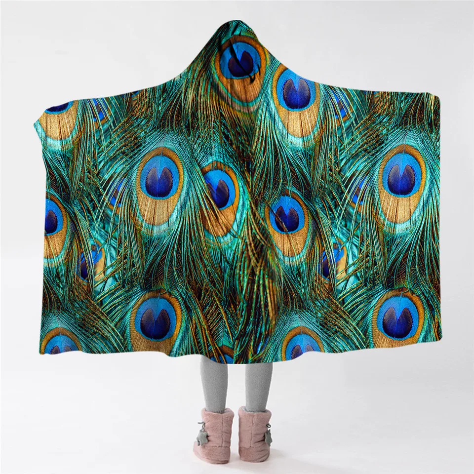

Peacock Feather Hooded Blanket Bird Sherpa Fleece Throw Blanket for Adults Blue Turquoise Wearable Blanket With Hat