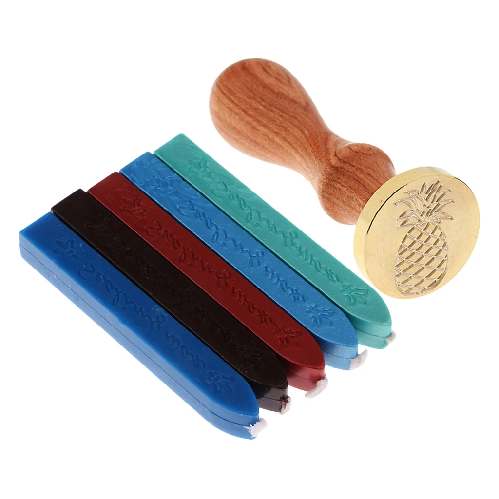 Envelope Letter Sealing Wax Stamp Seal Pineapple+5x Round Wax Stick for Art Crafts DIY