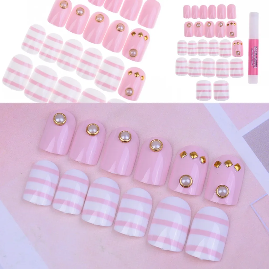 Новый 24 шт./компл. розовый полный Размеры накладные ногти готовой Короткие Дизайн полное покрытие Типсы Искусственный накладные ногти с