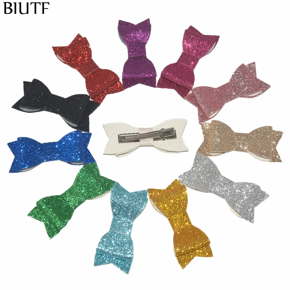 

3pcs/lot Handmade Fashion Alloy Hair Clip with Glitter Faux PU Leather Bow Girl Bowknot Barrette 12 Colors H0280