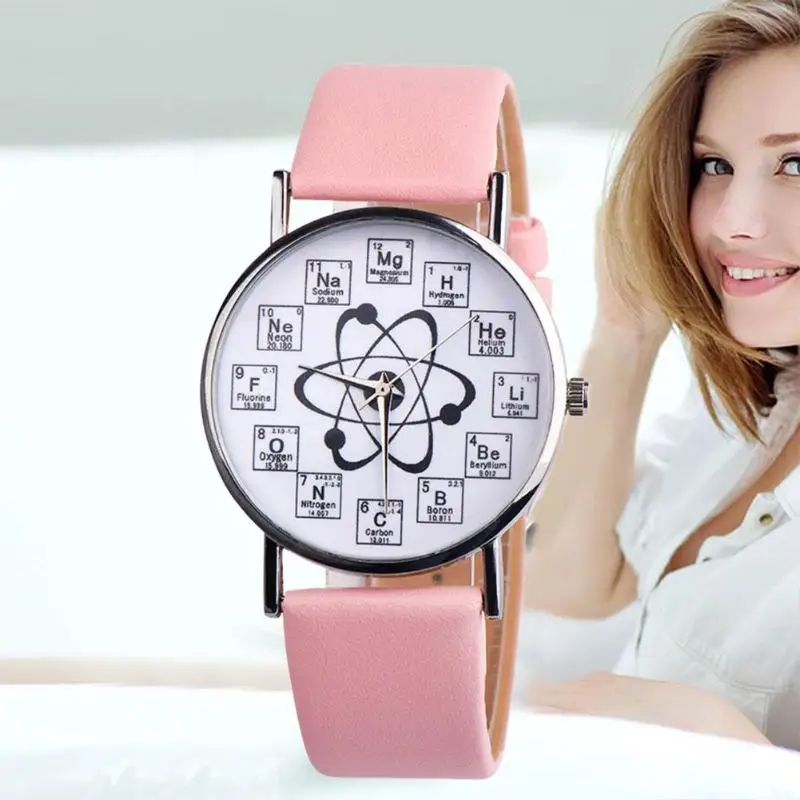 Креативные женские часы с кожаным ремешком с химическим символом, аналоговые кварцевые повседневные наручные часы, кварцевые часы, женские наручные часы
