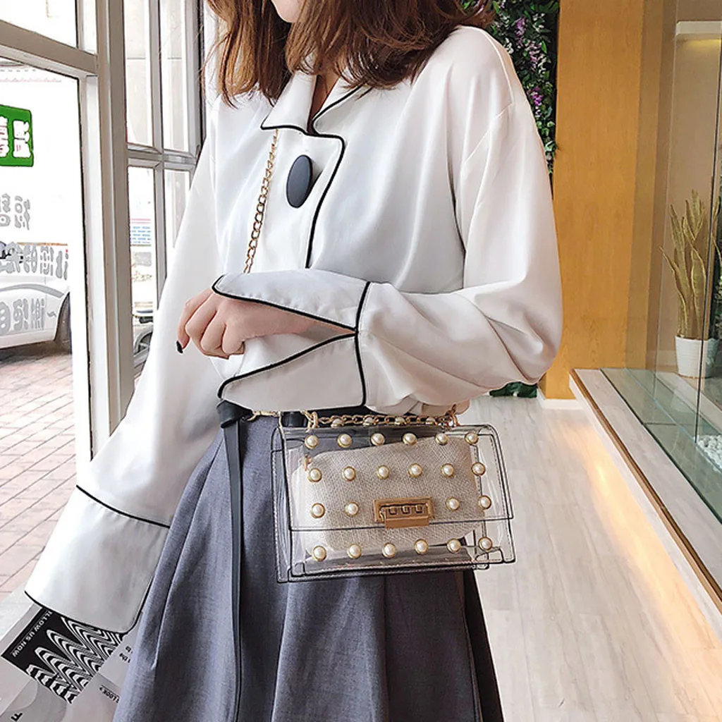 

Women Girl Transparent Pearl PVC Crossbody Bag Dot Open Cute Waterproof Square Flap Candy Color Messenger Bag 10H