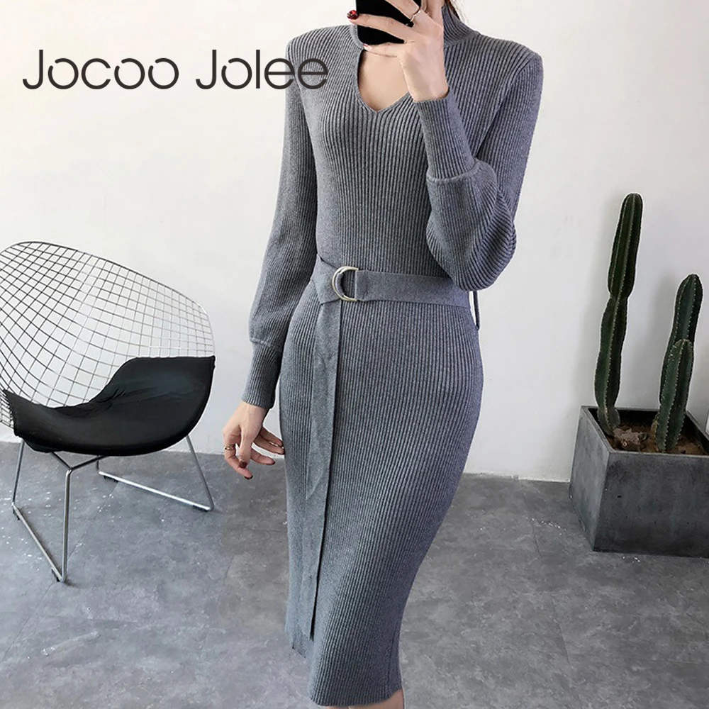 

Jocoo Jolee Women Turtleneck Hollow Sweater 2018 Fall Winter Long Sexy Back Split Bodycon Dresses with Belt Skinny Knitted Dress