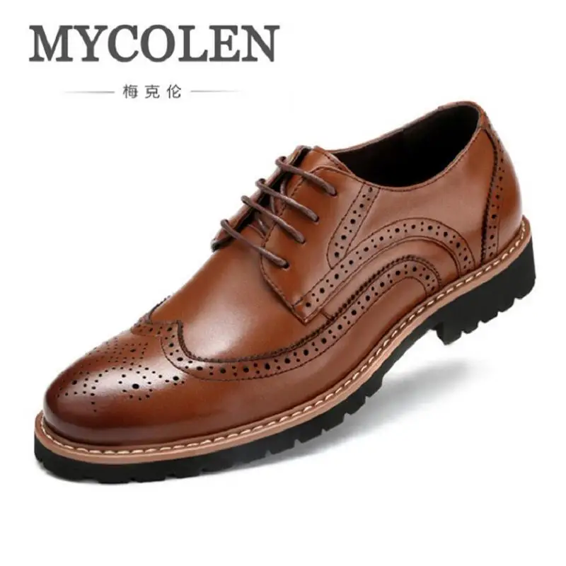 

MYCOLEN Men Dress Shoes 2017 Autumn Fashion Genuine Cow Leather Lace Up Brogue England Mens Business Casual Shoes Brown Bottine