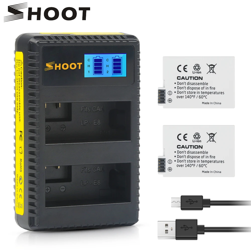 

SHOOT 2Pcs 1200mAh LP E8 LP-E8 LPE8 Battery with LED Dual USB Charger for Canon EOS 550D 600D 650D 700D X4 X5 X6i X7i T2i T3i 4i