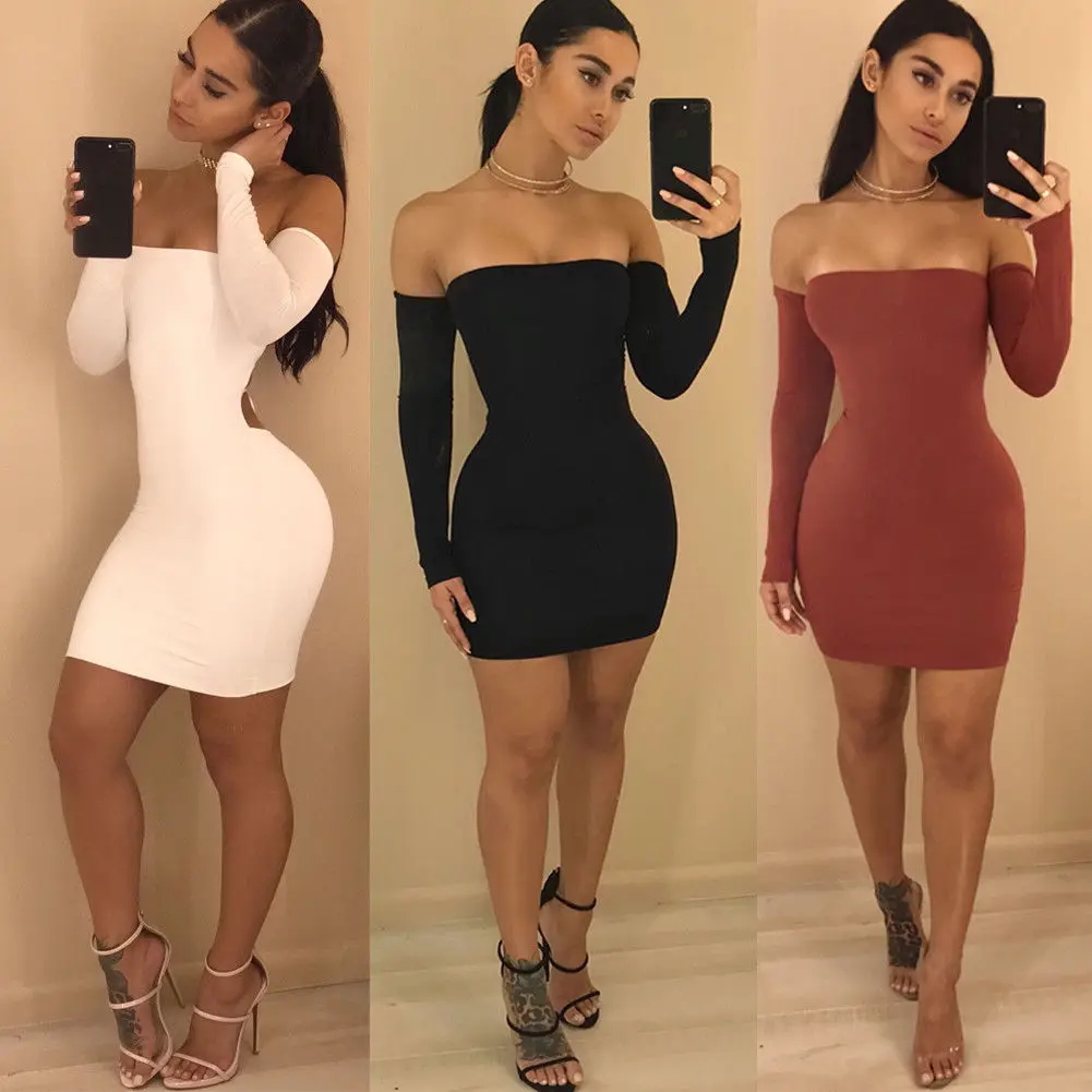 

Sexy Women Lady Hot Summer Slash Neck Collarbone Long Sleeve Bandage Bodycon Evening Party Nightclub Short Mini Skinny Dress