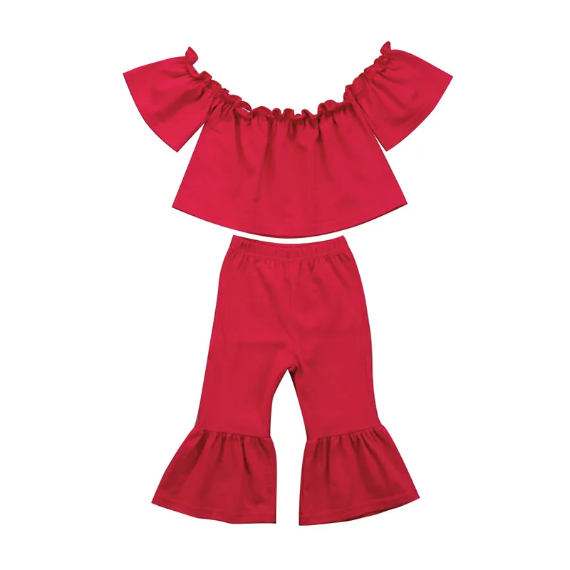 Toddler Kid Girl Clothes Set Red Solid Casual Off Shoulder Crop Tops ...