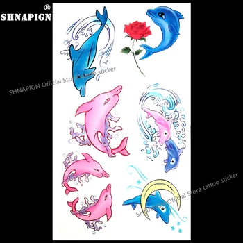 

SHNAPIGN Blue Pink Dolphin Temporary Tattoo Body Art Arm Flash Tattoo Stickers 17*10cm Waterproof Fake Henna Painless Sticker