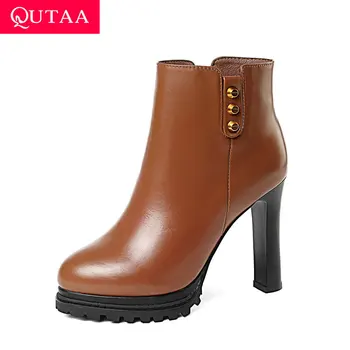 

QUTAA 2020 Square High Heel cow Leather Platform Antiskid Women Shoes Zipper Rivet Round Toe Autumn Winter Ankle Boots Size34-39