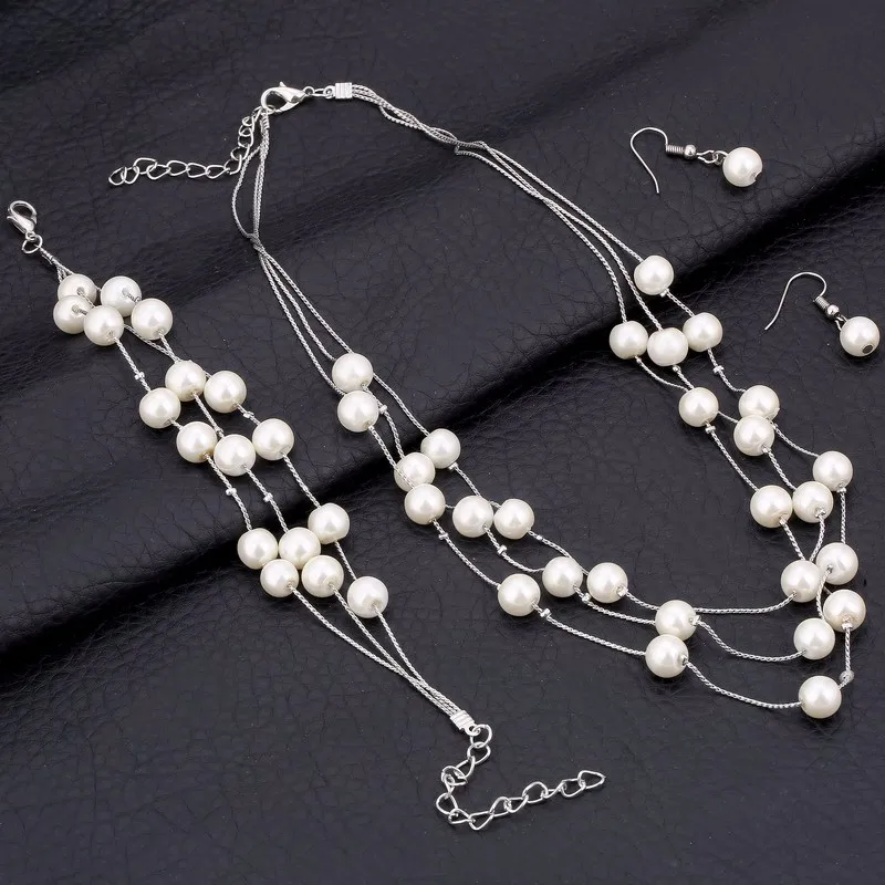Женский комплект ювелирных изделий из искусственного жемчуга, многослойное позолоченное/посеребренное ожерелье, набор для невесты, свадебное ожерелье/браслет/серьги