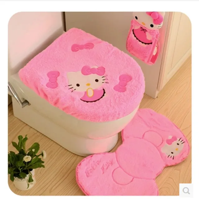 Cute hello kitty toilet lid cover, floor mats three piece, bathroom