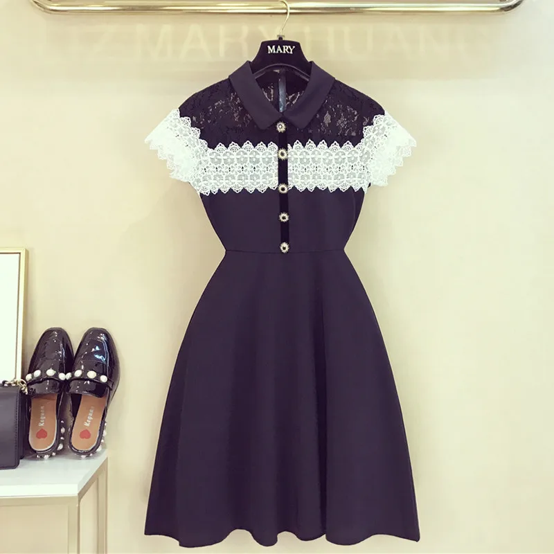 

2019 New Fashion Elegant Women Summer Hollow Out Lace Patchwork Mini Dress Vintage Button Peter Pan Collar Short Sleeve Dress