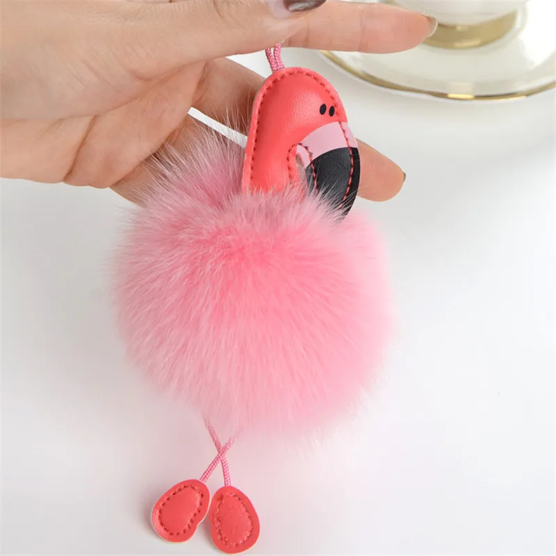 

Fox fur flamingo key chain backpack accessories car key ring unicorn bag pendant