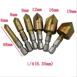 Зенковка бурильные долото 6 шт. 6 мм-мм 19 мм 5 Флейта Зенковка закругления кромок 1/4 "шестигранный хвостовик 90 градусов дерево фаски Резак для