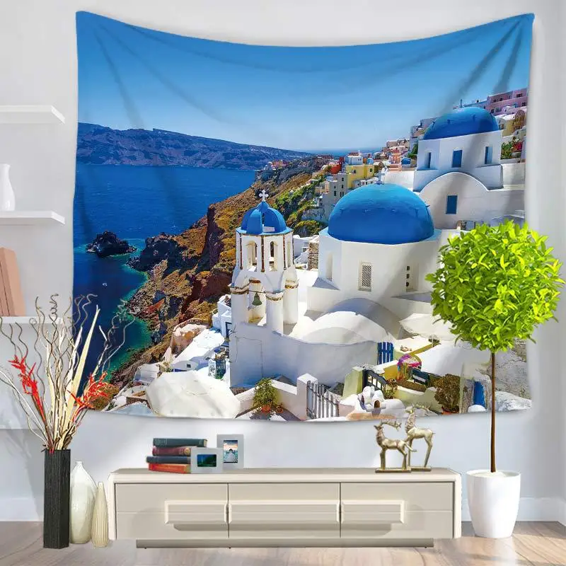 

New Tapestry Seaside City Printed Wall Blankets Multifunctional Home Hanging Beach Towels Mats Mandala Tapestry Home Decoration
