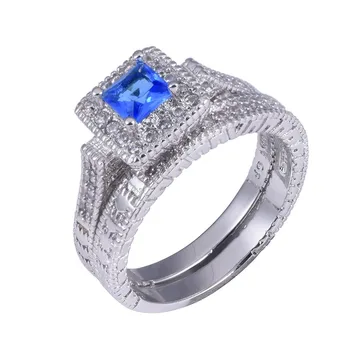 

Vintage Blue Sapphire Rings Sets 2-in-1 Engagement Wedding Ring finger For Women Pave CZ 10K White gold Plated Jewelry Size 5-10
