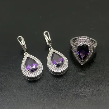 

Jewelry Sets Fashion Women Gifts NaturalAmethyst 925 Sterling Silver Set For Party Earring Ring 8#