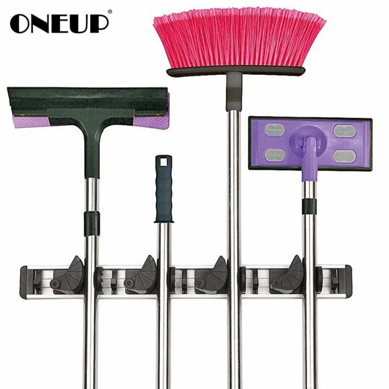

Quality Kitchen Storage Tool Holder 4 Position With 5 Hooks Wall Mounted Storage Organizer Mop And Broom Storage Holders Racks