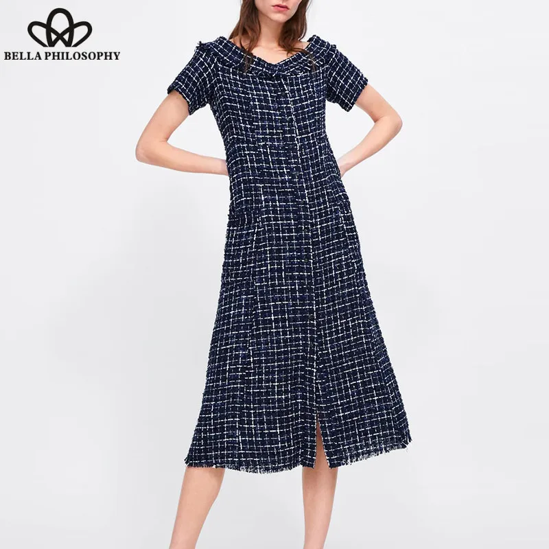 Wonder Short Sleeve Tweed Dress Vintage Plaid Female Sexy Split Long Dress Casual Retro Lady Button Maxi Dress Vestidos 2019 new