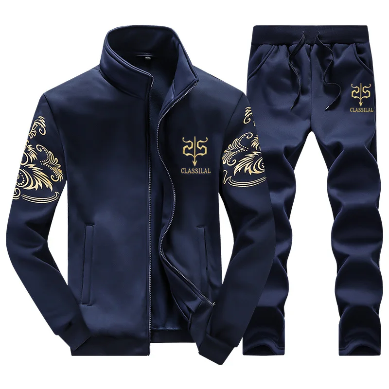 LISIBOOO мужской спортивный костюм наборы Зимние теплые флисовые толстовки Мужская куртка с капюшоном брюки комплект из 2 предметов спортивные костюмы худи пальто брюки - Цвет: Navy