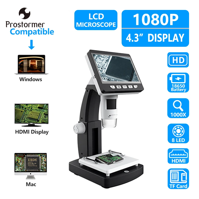 

Prostorm HD1000X Industrial Solder Tool Digital Microscope Camera 4.3" LCD Mobile Phone Repair Microscope With Stand Microscopio