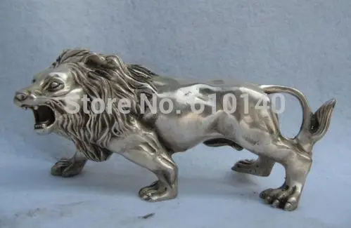 

China Folk Refined white Copper Silver Feline animal Ferocious Male lion Statue