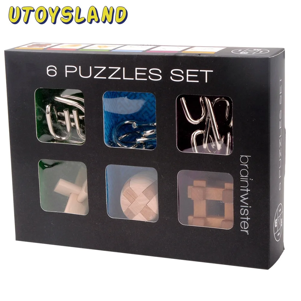 

UTOYSLAND 6Pcs IQ Brain Teaser Set Metal Puzzle + Wooden Kong Ming Lock for Children Adults MT1142