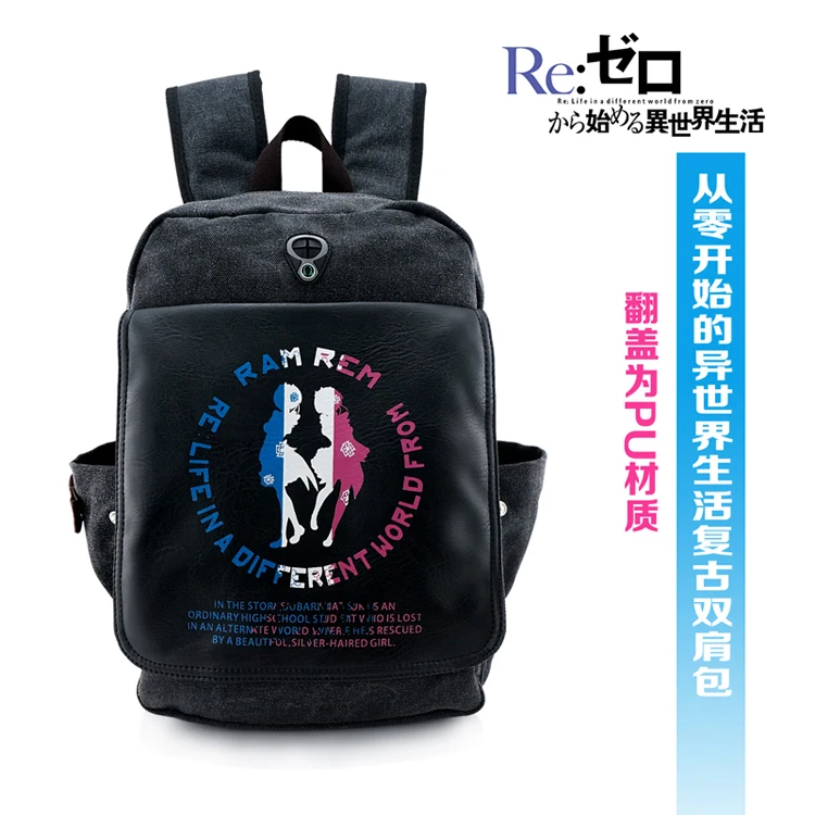 

Anime Re:Life in a different world from zero Rem Ram Animation printing bags black color Canvas fashion leisure Backpacks